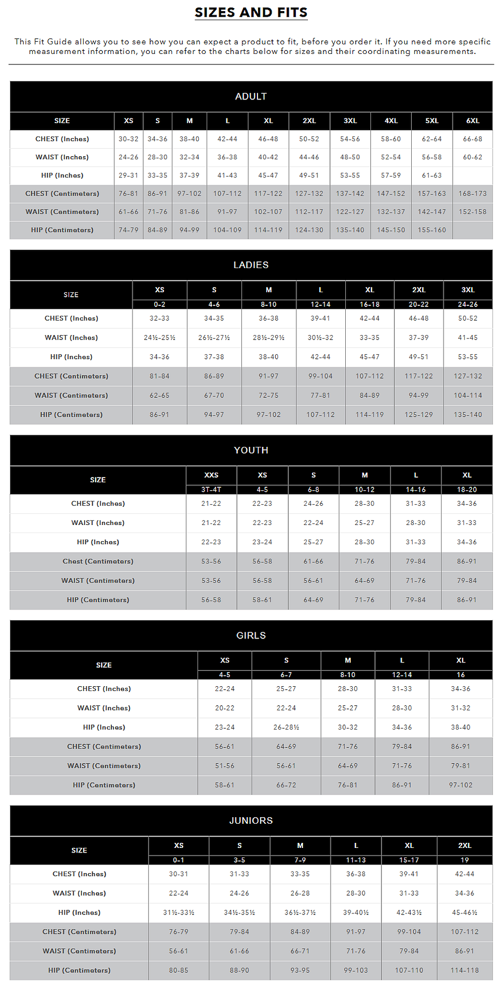 Augusta Shirt Size Chart